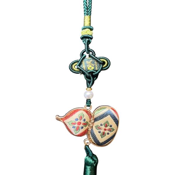 Handmade Silk Brocade Gourd Car Charm with Feng Shui Knot & Tassel